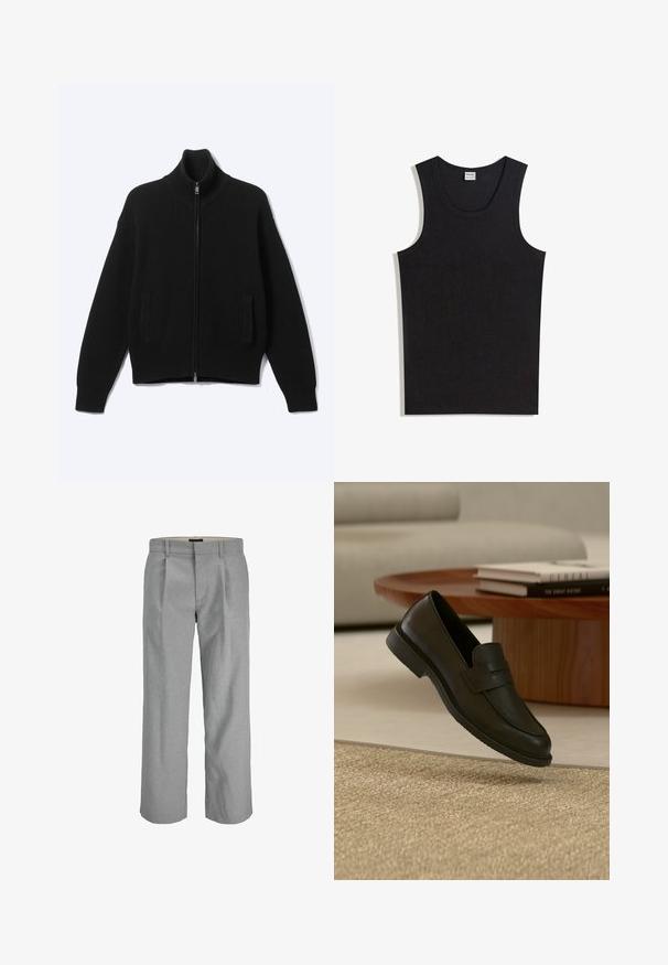Pull noir en maille avec fermeture éclair, col montant et deux poches avant, présenté sur un fond clair uni.; Débardeur noir en coton, doté d'un col rond et d'une coupe sans manches. Texture lisse sans motifs ni accents visibles.; Pantalons gris clair en tissu texturé, dotés de plis à l'avant, de jambes droites et d'une taille standard pour la fermeture.; Chaussure mocassin en cuir noir présentée en suspension au-dessus d'un tapis beige tissé, avec une table en bois et des livres empilés dans un salon doucement éclairé.