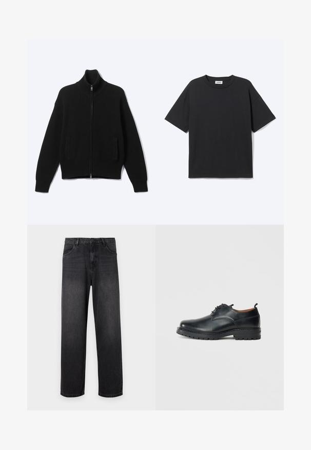Sort strikket sweater med lynlås og høj krave samt to forlommer, vist på en ensfarvet lys baggrund.; Sort T-shirt med korte ærmer og rund hals med afslappet pasform, forfra, ensfarvet design og synligt Weekday-mærke inde i kraven.; Mørkegrå denim jeans med lige ben, der har lynlås i gylpen, fem lommer og diskrete falmende detaljer på stoffet.; Sorte læder derby-sko med en glat overflade, rund tå, snøre-design og en tyk, robust gummisål.
