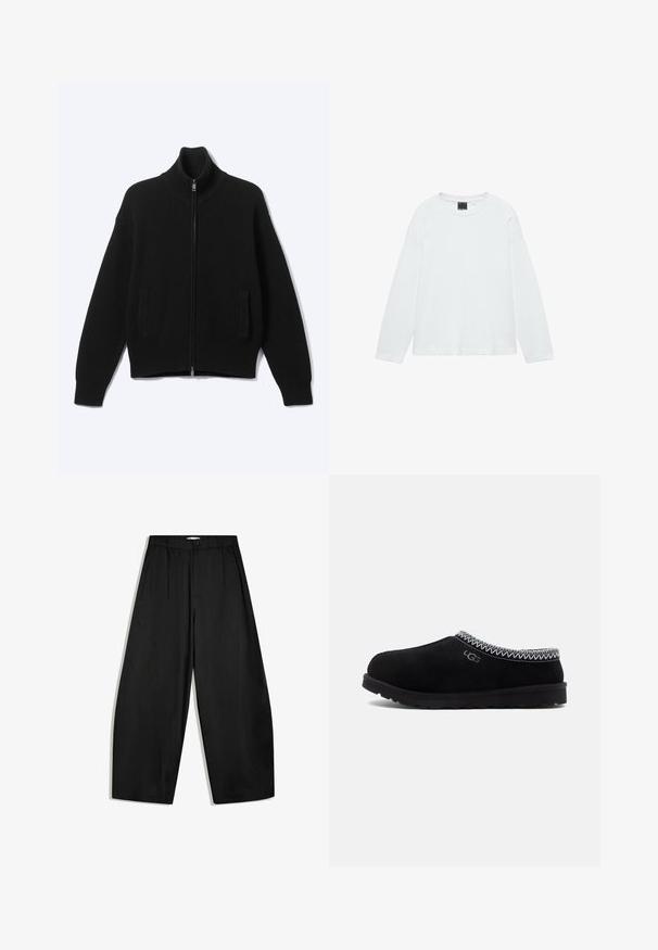 Pull noir en maille avec fermeture éclair, col montant et deux poches avant, présenté sur un fond clair uni.; T-shirt blanc à manches longues avec col rond, ourlet droit et étiquette de taille noire à l'intérieur du col.; Pantalon noir à jambes larges, taille haute, fermeture à boutons et plis sur le devant, présenté sur fond blanc.; Sabots en suède noir avec un bout arrondi, dotés d'un col en maille et d'une semelle en caoutchouc texturée. Affiche le logo UGG sur le côté.