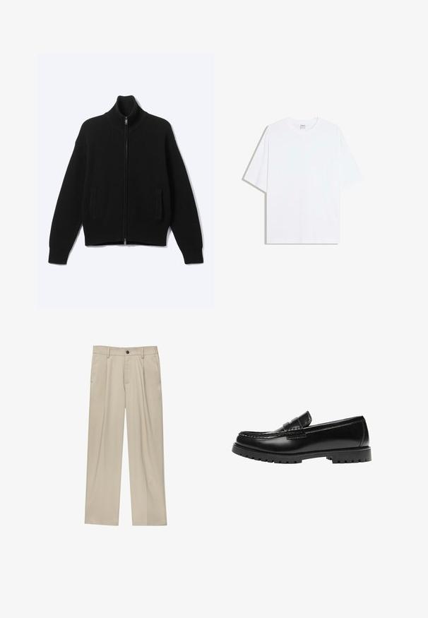 Pull noir en maille avec fermeture éclair, col montant et deux poches avant, présenté sur un fond clair uni.; T-shirt oversize en coton blanc avec un col rond et des manches courtes ; texture lisse, sans motifs ni accents visibles.; Pantalon beige à coupe droite, doté d'un seul bouton noir, de passants de ceinture et de poches latérales. Texture de tissu lisse et design minimaliste.; Mocassin en cuir noir avec une semelle en caoutchouc épaisse et un détail classique de bride à monnaie, vu de côté extérieur.