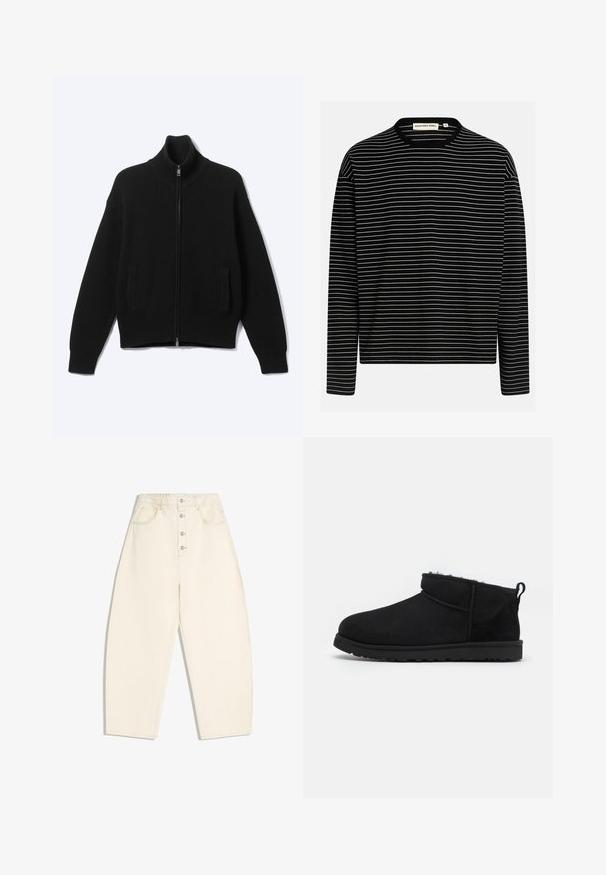 Sort strikket sweater med lynlås og høj krave samt to forlommer, vist på en ensfarvet lys baggrund.; Sort langærmet skjorte med tynde hvide horisontale striber og rund halsudskæring, mærket "Redefined Rebel" inde i kraven.; Højtbådede, viddebenede bukser i cremefarve med frontknaplukning og sidelommer samt baglommer på hvid baggrund.; Sorte ruskind ankelstøvler med en blød, tekstureret foring, lavprofilgummi sål og en løkke bagpå for nem påtagning.