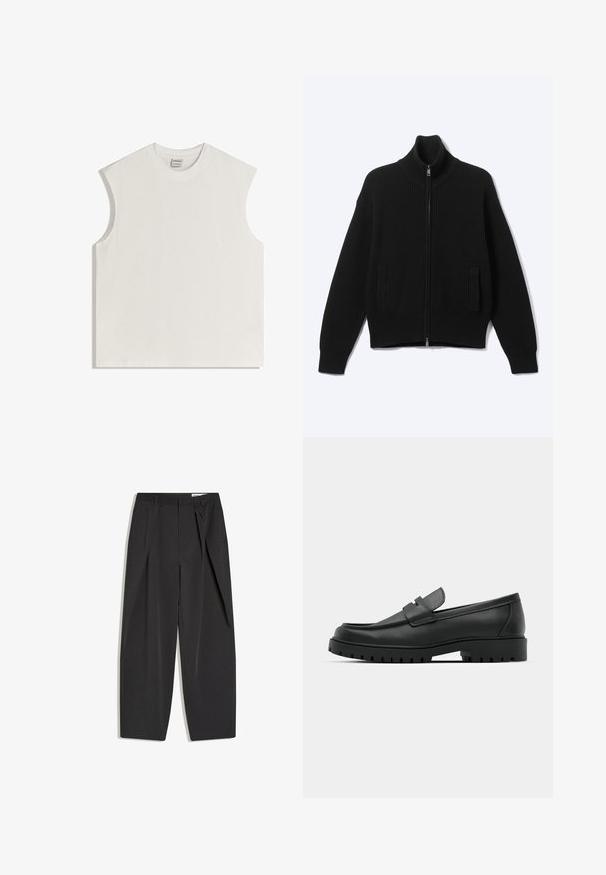 Black knitted zip-up sweater with high collar and two front pockets, displayed on a plain light background.; Sleeveless white cotton top with round neckline and slightly padded shoulders, laid flat against a white background.; Black high-waist tailored trousers with pleats, belt loops, and a straight-leg cut, displayed flat on a white background.; Black leather loafers with a rounded toe, featuring a stitched design, low platform sole, and a textured, lugged rubber outsole.