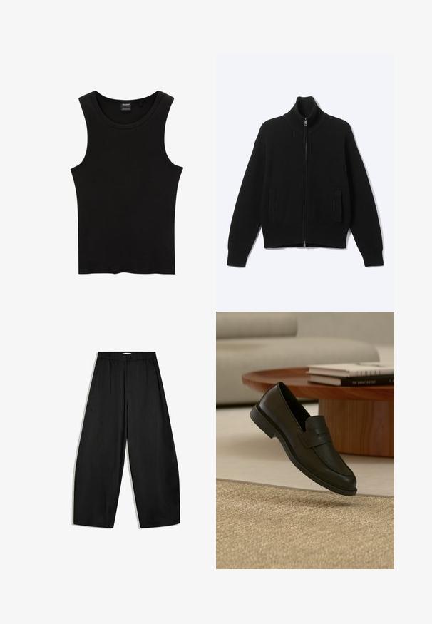 Schwarzer gestrickter Pullover mit Reißverschluss, hohem Kragen und zwei Fronttaschen, dargestellt auf einem einfarbigen hellen Hintergrund.; Schwarzes, geripptes Tanktop mit rundem Halsausschnitt und weiten Armausschnitten, aus einem weichen, dehnbaren Stoff. Marke: Pull&Bear.; Schwarze weit geschnittene Hose mit hoher Taille, Knopfverschluss und Falten vorne, auf weißem Hintergrund präsentiert.; Schwarzer Lederloafer-Schuh schwebt über einem beige gewebten Teppich, mit einem Holztisch und gestapelten Büchern in einem sanft beleuchteten Wohnzimmer.