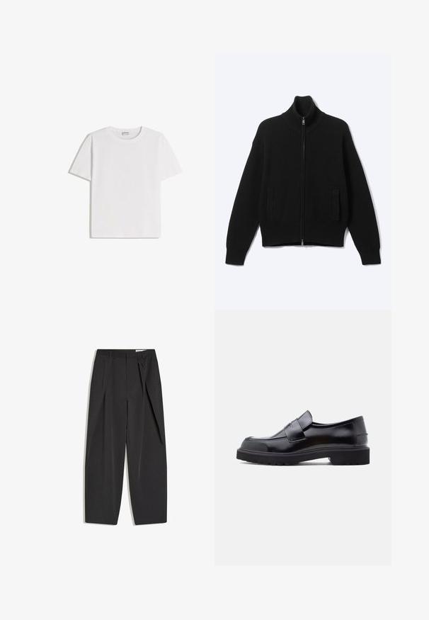 Black knitted zip-up sweater with high collar and two front pockets, displayed on a plain light background.; White cotton t-shirt with a crew neckline and short sleeves. Features a classic, boxy shape and no visible patterns or accents.; Black high-waist tailored trousers with pleats, belt loops, and a straight-leg cut, displayed flat on a white background.; Black leather slip-on shoe with a sleek design, rounded toe, and a thick, textured rubber sole. Features a decorative strap across the front.