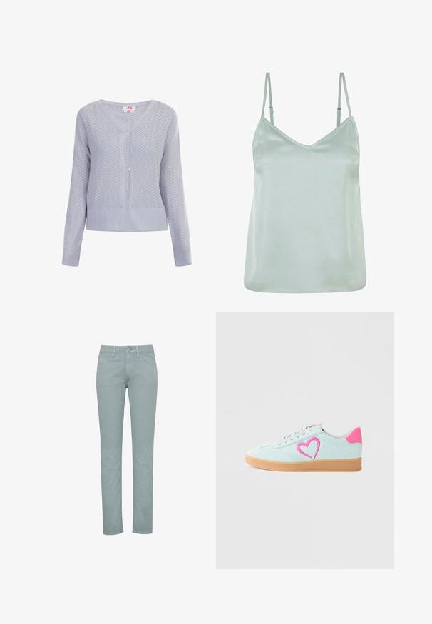 Cardigan tricoté bleu clair avec un col en V, des manches longues, cinq boutons et un motif texturé en zigzag. Matériau doux et léger.; Camisole en satin vert clair avec des bretelles fines ajustables et un décolleté en V, présentant une texture lisse et une coupe décontractée.; Jean en denim bleu clair avec une coupe droite, style cinq poches et fermeture par bouton à l'avant. Texture lisse et détail de couture minimaliste.; Baskets en daim bleu clair avec des accents roses, présentant un design de cœur rose proéminent, un doublage intérieur blanc et une semelle en caoutchouc gomme.