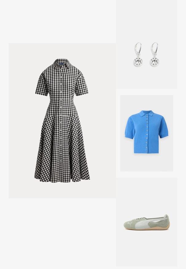 Blauwe gebreide cardigan met korte mouwen, kraag en verticale rij bruine knopen op een effen achtergrond.; Zwart-wit geruite gingham korte-mouwen overhemdjurk met een getailleerde taille, knoopsluiting vooraan en uitlopende midi-rok.; Lichtgroene platte Puma-sneaker met witte zijstreep, wit logo op de neus, veterdetail en beige gestructureerde rubberen zool, in profiel getoond.; Zilverkleurige hangende oorbellen met een cirkelvormig ontwerp met in het midden een heldere kristal en "DKNY" rondom de rand gegraveerd.