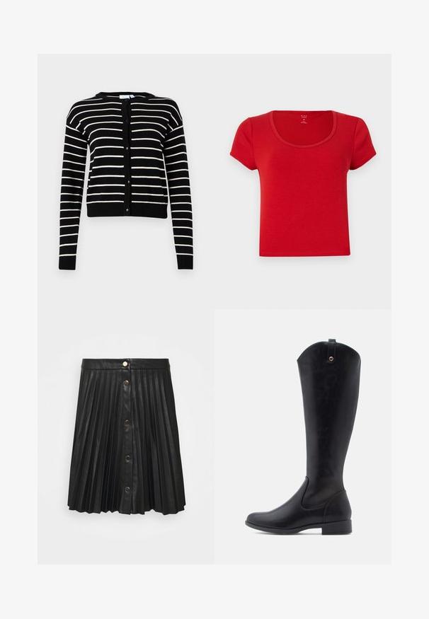 Schwarz-weißer gestreifter Cardigan mit Rundhals, Knopfverschluss vorne und gerippten Bündchen. Hergestellt aus weichem, dehnbarem Stoff.; Rotes T-Shirt mit kurzen Ärmeln aus weichem Stoff, mit einem runden Ausschnitt und einer taillierten Form mit sauberen Kanten.; VILA VIAMINA SHORT BUTTON COATED SKIRT - Faltenrock - black; Knöchelhohe schwarze Lederstiefel mit glatter Textur, runder Zehenform, niedrigem Blockabsatz und einem gewölbten oberen Rand mit einer Schlaufe hinten.