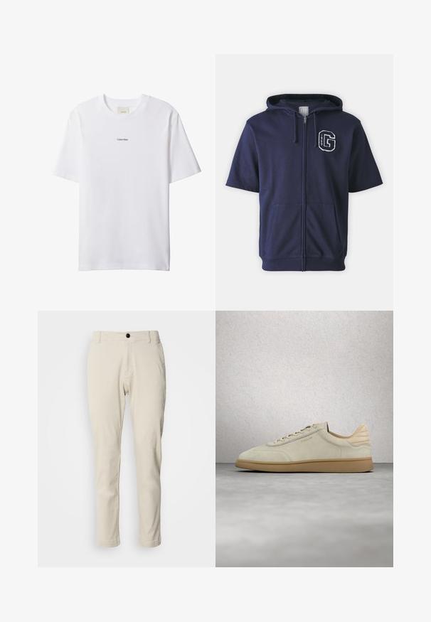 GAP FASHION LOGO HOOD - Mikina so zipsom - tapestry navy; Biele bavlnené tričko s okrúhlym výstrihom a krátkymi rukávmi. Na hrudi uprostred je malý čierny nápis "Calvin Klein".; Bežové chinos nohavice so strihom rovnej nohavice, vyrobené z jemnej bavlnenej tkaniny, s predným zipsom a jediným čiernym gombíkom na zapínanie.; Sneakers z béžovej semišovej kože s textúrovanou podrážkou z gumy v prírodnej farbe. Má ploché šnúrky, zaoblenú špičku a nenápadné značenie na boku. Jemne polstrovaný golier.