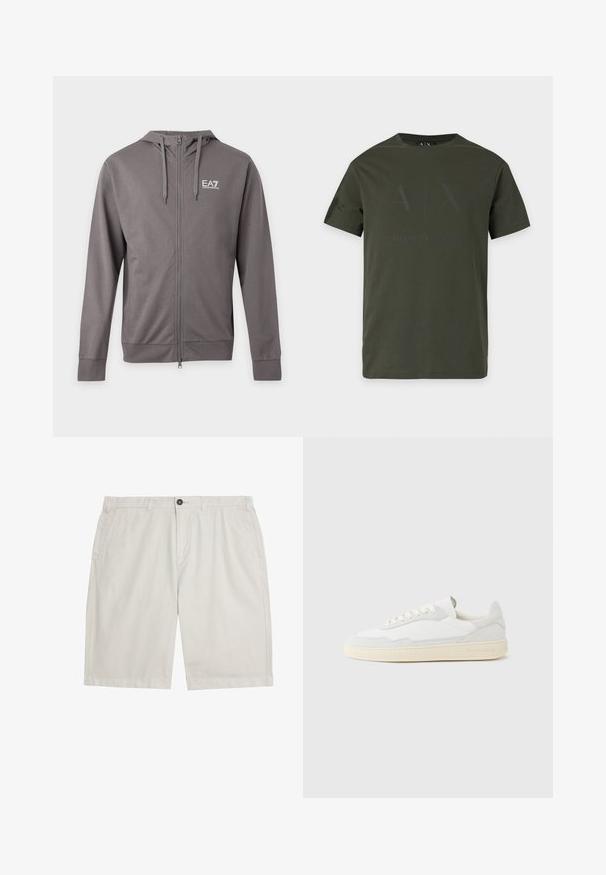 Sweat à capuche gris zippé avec cordons et logo blanc EA7 Emporio Armani sur la poitrine gauche, présenté sur un fond clair uni.; T-shirt vert foncé à manches courtes et col rond avec un logo noir subtil Armani Exchange sur le devant.; Shorts décontractés beige clair avec passants de ceinture, fermeture avant à bouton et fermeture éclair, et poches latérales, posés à plat sur un fond blanc.; Baskets blanches avec dessus en daim et cuir texturé. Caractérisées par un bout arrondi, une fermeture à lacets et une semelle en caoutchouc beige contrastante.