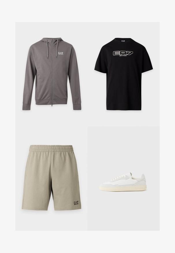 Sweat à capuche gris zippé avec cordons et logo blanc EA7 Emporio Armani sur la poitrine gauche, présenté sur un fond clair uni.; T-shirt noir à manches courtes avec logo blanc EA7 Emporio Armani imprimé sur la poitrine, col rond et coupe régulière.; Shorts beige clair en tissu doux, avec une taille élastique et des poches latérales. Comprend un petit logo noir sur le bas de la jambe.; Baskets blanches avec dessus en daim et cuir texturé. Caractérisées par un bout arrondi, une fermeture à lacets et une semelle en caoutchouc beige contrastante.
