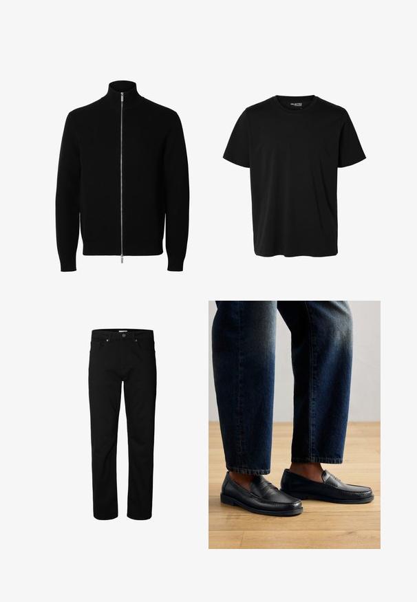 Schwarze langärmelige Strickjacke mit hohem Kragen und durchgehendem silbernem Frontreißverschluss.; Schlichtes schwarzes T-Shirt mit kurzen Ärmeln und Rundhalsausschnitt in Herrenform, ohne sichtbare Muster oder Logos auf der Vorderseite.; Schwarze Jeans mit geradem Bein, Knopf- und Reißverschluss, Gürtelschlaufen und Taschen vorne und hinten, vor weißem Hintergrund dargestellt.; Schwarze Lederlofer mit gestickten Details und strukturierten Akzenten, getragen mit dunklem Denim, der ein lässiges und schlankes Design zur Schau stellt.