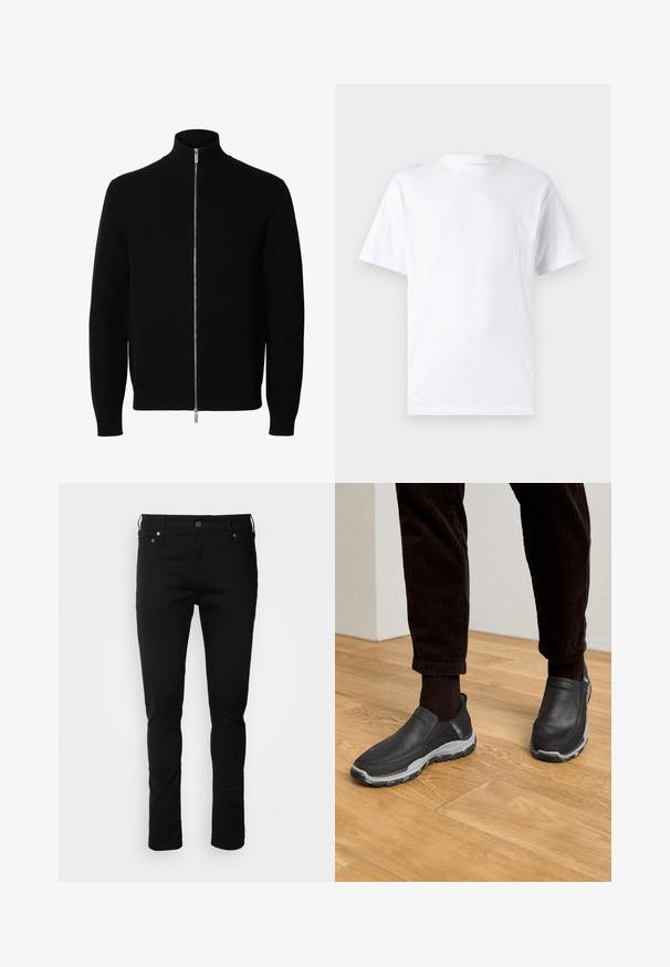 Sort langærmet strikket jakke med høj krave og fuld sølv lynlås foran.; Hvid kortærmet t-shirt lavet af bomuld med rund hals, der har en glat tekstur og et simpelt design uden mønstre eller accenter.; Sorte denim jeans med en slank pasform, featuring en lynlås foran, bæltestropper og forlommer. Glat tekstur, minimal detailing, klassisk design.; Sorte slip-on sko med strukturerede læderoverdele og en grå gummi sål, placeret på et trægulv og med fløjlsshorts.