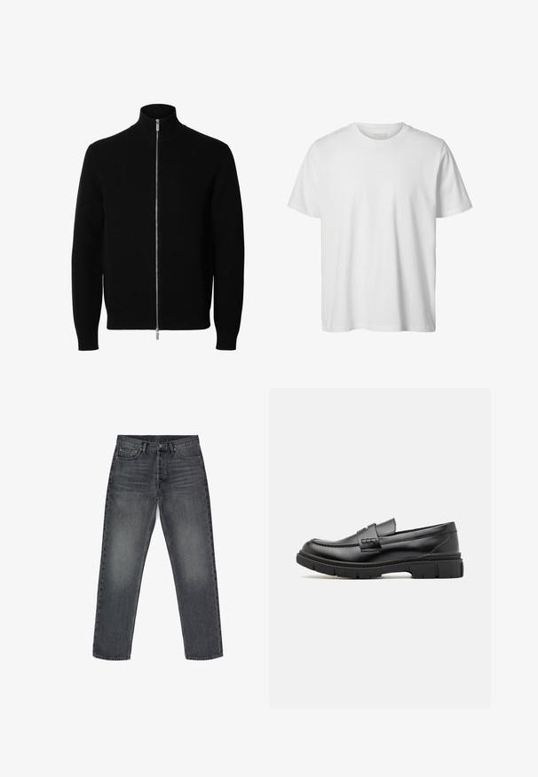 Schwarze langärmelige Strickjacke mit hohem Kragen und durchgehendem silbernem Frontreißverschluss.; Schlichtes weißes T-Shirt mit kurzen Ärmeln und Rundhalsausschnitt, lässiger Passform und ohne sichtbare Logos oder Designs auf der Vorderseite.; Graue Jeans aus Denim mit geradem Schnitt, fünf Taschen, Knopfverschluss und dezentem Verblassen. Verstärkte Nähte und Kupferakzente.; Schwarze Lederloafer mit einem breiten Riemen über dem Rist, Gummisohle mit dicken Profilen und glatter Textur. Klassisches, schlankes Design.