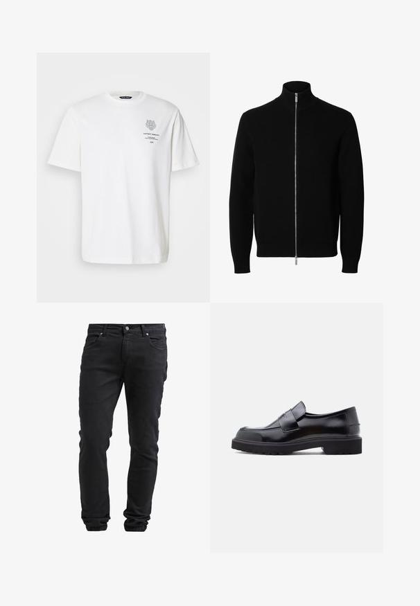 Sort langærmet strikket jakke med høj krave og fuld sølv lynlås foran.; Hvid bomulds t-shirt med rund halsudskæring, korte ærmer og et trykt logo og tekstdesign på forsiden i grå.; Sorte slim-fit jeans med knap- og lynlås-lukning, fem lommer og elastiske manchetter ved anklerne.; Sorte læder slip-on sko med et slankt design, rund tå og en tyk, struktureret gummisål. Har en dekorativ rem på tværs foran.