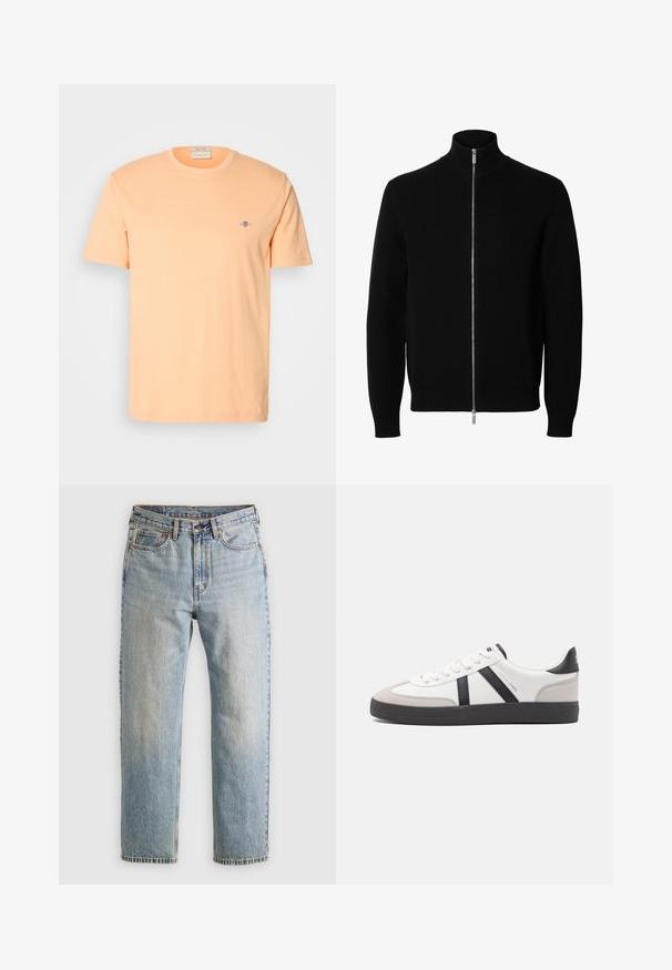 Chaqueta negra de punto de manga larga con cuello alto y cremallera frontal completa plateada.; Camiseta de manga corta en algodón color durazno claro, con un pequeño logo azul en el pecho. Cuello redondo con una textura suave.; Jeans de mezclilla azul claro de cintura alta, con botón frontal, cremallera y diseño de cinco bolsillos, dispuestos sobre un fondo neutro.; Zapatilla blanca con acentos en negro y gris, que presenta una puntera texturizada en gris, suela de goma negra y cordones planos blancos. Diseño limpio, estilo minimalista.