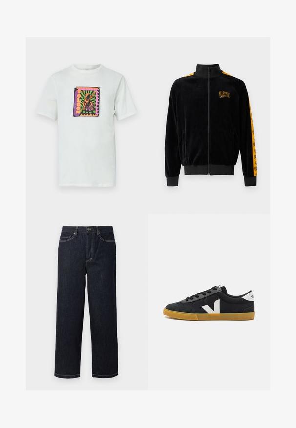 Veste zippée en velours noir avec col montant, bandes latérales orange avec logo, et poignets côtelés. Comprend des poches avant et un détail brodé.; T-shirt en coton blanc présentant un graphique coloré en forme de carré avec un design de grenouille et du texte, sur un fond géométrique avec des bords accentués.; Jean en denim droit bleu marine avec cinq poches et surpiqûres blanches contrastantes, fermeture à bouton et passants de ceinture.; Baskets noires en toile avec une coque en daim, logo blanc, lacets noirs et semelle en caoutchouc beige. Design minimaliste et silhouette basse.