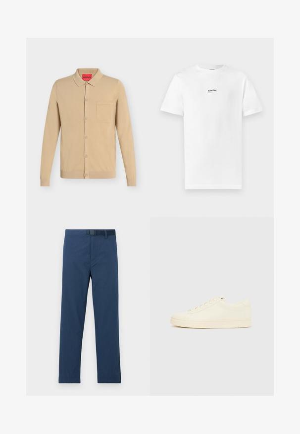 Cardigan beige à manches longues avec boutons, col et poche poitrine, avec une étiquette de marque rouge HUGO à l'intérieur du col.; T-shirt en coton blanc avec un col rond et des manches courtes. Présente un petit logo noir "Boss Club" centré sur la poitrine.; Pantalon bleu marine en tissu lisse, avec une coupe régulière, des jambes droites et une fermeture à bouton et crochet à la taille.; Baskets couleur crème avec une tige en cuir lisse, bout arrondi, laçage à l'avant et semelle en caoutchouc texturée. Design minimaliste, sans logo.