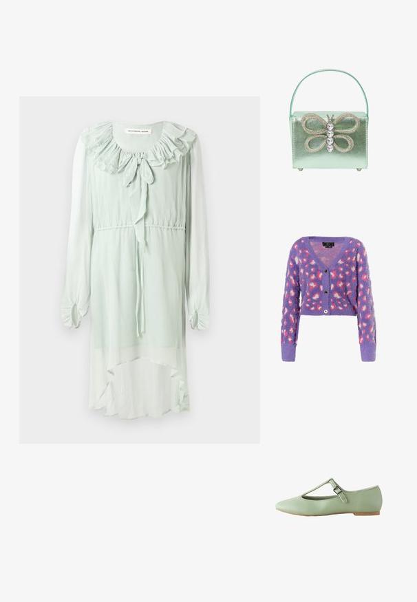 Lilla, blød cardigan med kort pasform, lange ærmer, V-hals, tre sorte knapper og et pink og hvidt leopardmønster.; Mintgrøn kjole lavet af letvægtsstof. Har en flæsekrave, lange ærmer med samlede manchetter og et høj-lav kantdesign.; Lysegrøn flad sko med spids tå, T-rem med sølvspænde og lysebrun sål, vist fra højre side mod hvid baggrund.; Mintgrøn metallic håndtaske med en struktureret form, der har et sommerfugledesign prydet med sølv rhinsten og et gennemsigtigt håndtag.