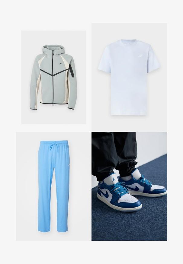 Helehall ja valge tõmblukuga kapuutsiga jakk musta Nike logoga, musta tõmblukuga ja tõmblukuga taskuga vasakul varrukal.; Hele sinine puuvillane t-särk lühikeste varrukatega, ümar kaelus ja valge Nike logo trükituna vasakul rinnal. Sile tekstuur, lihtne disain.; Heledad sinised dressipüksid pehmest kangast, millel on elastne vöökoht koos paelaga ja väike logoaktsent puusa lähedal.; Nike Air Jordan tennisijalad on valge nahast alus siniste sünteetiliste detailidega, aukudega varbakoht ja sinised paelad.