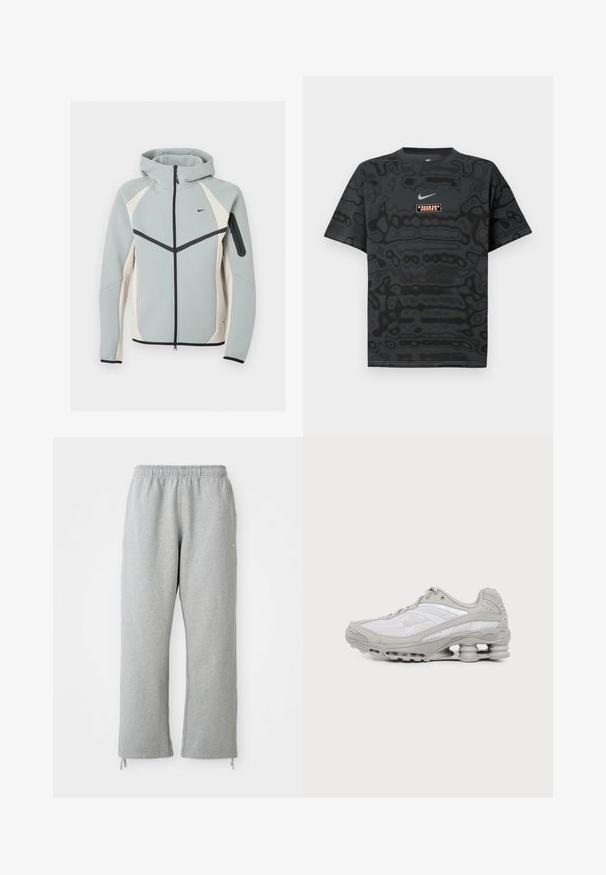 Lysegrå og hvid lynlåstrøje med hætte med sort Nike-logo, sort lynlås og lynlåslomme på venstre ærme.; Sort T-shirt med et tekstureret mønster, der har en lille Nike-logo i lyseblå og en rektangulær logo-patch i kontrastfarver.; Grå sweatpants med elastisk talje, lige ben og snoretræk ved kanten. Fremstillet af blødt, struktureret stof.; Grå og hvid atletiksko med mesh-paneler, snørelukning og en unik fjedrende sål til stødabsorbering og støtte.