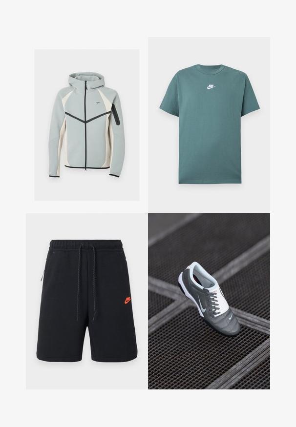 Lysegrå og hvid lynlåstrøje med hætte med sort Nike-logo, sort lynlås og lynlåslomme på venstre ærme.; Grøn Nike T-shirt med korte ærmer, hvidt logo centreret på brystet, rund hals og afslappet pasform.; Sorte Nike-shorts med elastisk talje, snøre, sidelommer og lille orange Nike-logo på venstre lår.; Grå atletiksko med en glat tekstureret overdel, hvide detaljer, markante snørebånd og en sort gummisål, der har et lille logo på siden.