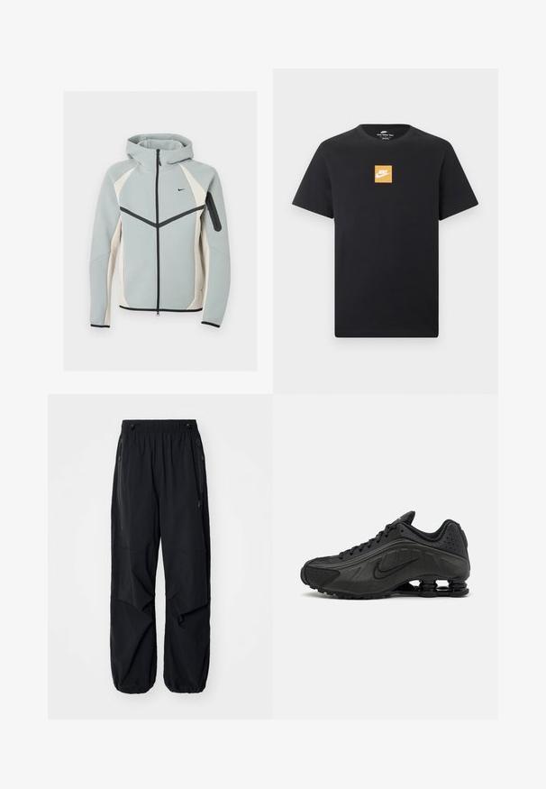 Svetlosivá a biela mikina na zips s kapucňou s čiernym logom Nike, čiernym zipsom a vreckom na zips na ľavom rukáve.; Čierne tričko s krátkym rukávom značky Nike s malým oranžovým štvorcovým logom a bielym logom Nike Swoosh umiestneným v strede na hrudi.; Čierne ľahké cargo nohavice s elastickým pásom, bočnými zipsami a priestrannými vreckami. Majú voľný strih a zúžené manžety.; Čierne bežecké topánky s hladkým syntetickým zvrškom, perforovanými akcentmi, textúrovanými bočnými panelmi a výraznou pružnou podrážkou.