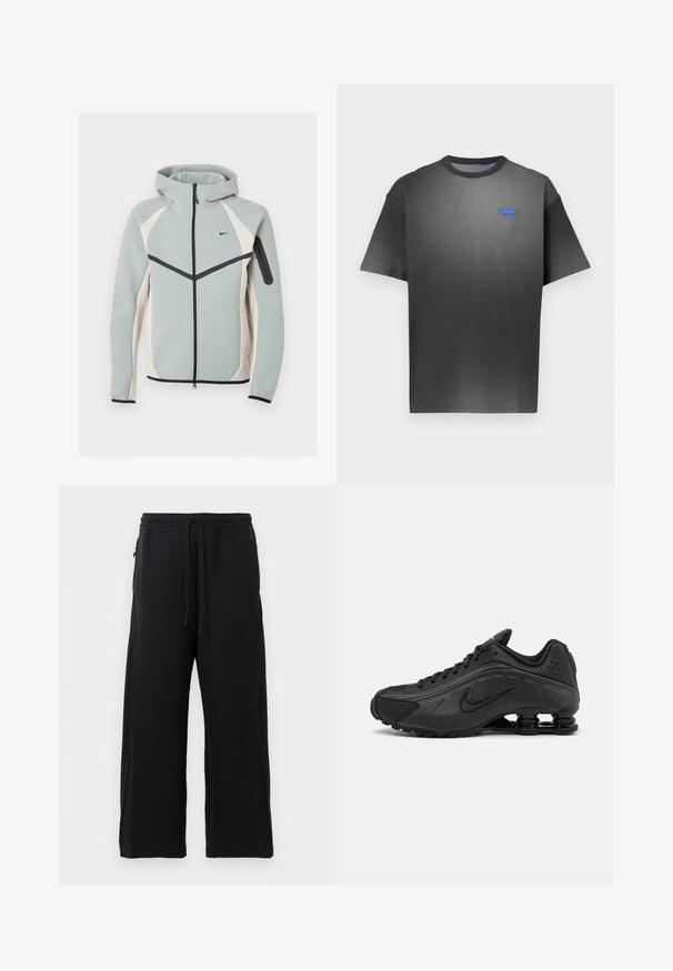 Helehall ja valge tõmblukuga kapuutsiga jakk musta Nike logoga, musta tõmblukuga ja tõmblukuga taskuga vasakul varrukal.; Hall halli lühikeste varrukatega T-särk, millel on õrn gradient, ümmargune kaelus ja väike sinine logo rinnal. Sile kangatekstuur.; Mustad mustad, pehmest kangast, tõmbluku ülesehitusega, laiad jalad ja küljetaskud, mis omavad siledat tekstuuri.; Mustad mustat jooksujalad, millel on sile sünteetiline ülemus, perforatsioonid, tekstureeritud külgpaneelid ja eristuv elastne tall.