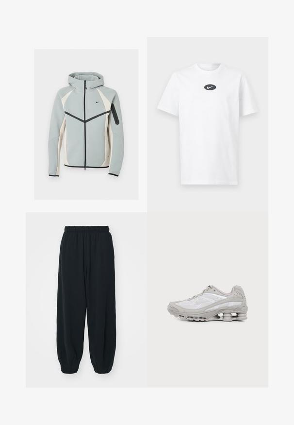 Lysegrå og hvid lynlåstrøje med hætte med sort Nike-logo, sort lynlås og lynlåslomme på venstre ærme.; Hvid T-shirt med korte ærmer og rund hals, med et sort ovalt felt og en hvid Nike swoosh-logo placeret midt på brystet.; Sorte svedbukser med elastisk talje, løs pasform, afsluttede ankler, glat tekstur og uden synlige mønstre eller hardware-detaljer.; Grå og hvid atletiksko med synlig luftpolstret sål og mesh-paneler, vist i profil på en ensartet lys baggrund.