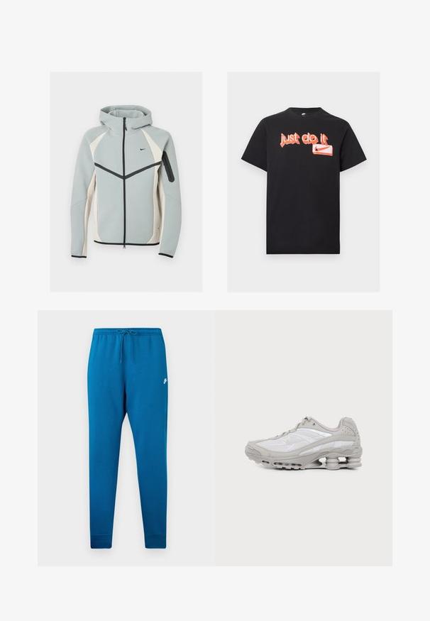 Chaqueta con capucha y cremallera en gris claro y blanco, con logo negro de Nike, cremallera negra y bolsillo con cremallera en la manga izquierda.; Camiseta Nike negra de manga corta con texto estilo graffiti naranja "Just do it" y logo Nike swoosh en el frontal.; Pantalones deportivos azul con cintura elástica y cordón ajustable. Presenta un logo blanco en el muslo y puños ajustados en los tobillos.; Zapatilla deportiva gris y blanca con suela visible de amortiguación de aire y paneles de malla, mostrada de perfil sobre un fondo claro y sencillo.