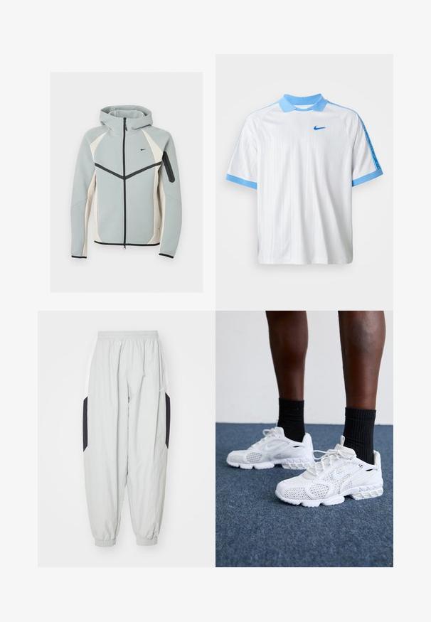 Lysegrå og hvid lynlåstrøje med hætte med sort Nike-logo, sort lynlås og lynlåslomme på venstre ærme.; Hvid Nike sports T-shirt med lyseblå krave, ærmekanter og skulderstriber, der har et lille blåt Nike swoosh på brystet.; Lys grå træningsbukser lavet af letvægtsstof, med elastisk talje og manchetter, samt kontrasterende sorte og hvide sidelapper.; Hvide atletik-sko med mesh-overdel, teksturerede accenter og polstret sål. Parret med sorte ribbede ankelstrømper på en blå tæppebelagt overflade.