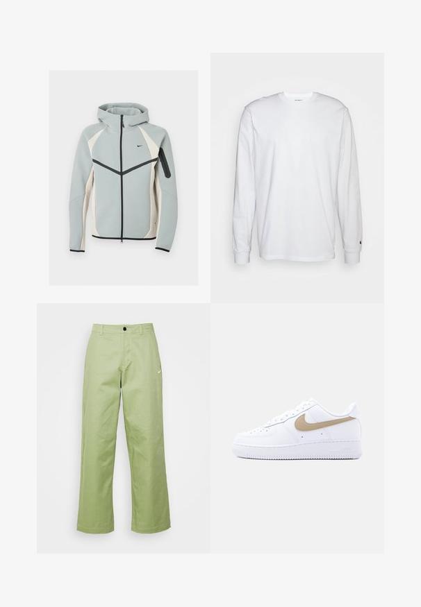 Vaaleanharmaa ja valkoinen vetoketjullinen huppari jossa musta Nike-logo, musta vetoketju ja vetoketjutasku vasemmassa hihaosassa.; Valkoinen pitkähihainen t-paita, joka on valmistettu puuvillasta. Pyöreä kaula-aukko, jossa on resorikujat ja pieni logo vasemmassa hihassa. Tasainen pinta.; Vaaleanvihreät leveät housut, jotka on valmistettu sileästä kankaasta ja joissa on nappisuljenta. Edessä on pieni Nike-logo.; Valkoinen matalakorkoinen Nike Air Force 1 -lenkkari, jossa on beige swoosh-logo, rei'itetty kengänkärki ja valkoinen kumipohja yksinkertaisella vaaleanharmaalla taustalla.