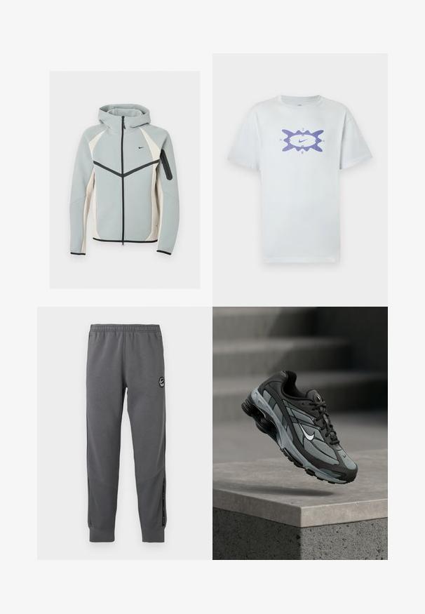 Lysegrå og hvid lynlåstrøje med hætte med sort Nike-logo, sort lynlås og lynlåslomme på venstre ærme.; Hvid bomuldst-shirt med en løs pasform, med et lilla grafisk motiv i midten, omgivet af en bølget kontur. Korte ærmer.; Grå sweatpants lavet af blødt stof med elastisk talje, tætsiddende ben, sidelommer og en cirkulær logo-patch.; Grå og sort atletiksko med meshpaneler og tyk sål, placeret i luften over en betonliste med trapper i baggrunden.