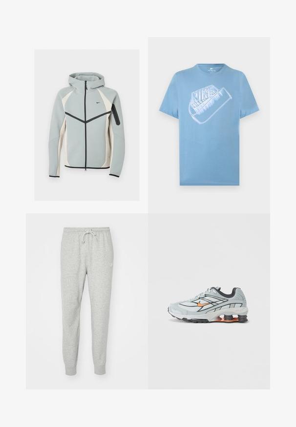 Lichtgrijze en witte capuchontrui met ritssluiting met zwart Nike-logo, zwarte rits en een met ritssluiting afsluitbaar zakje op de linkermouw.; Lichtblauw Nike T-shirt met korte mouwen en een groot gestileerd wit Nike-logo en swoosh-beeld op de borst.; Grijze sweatpants gemaakt van zacht materiaal met een elastische tailleband, een trekkoordsluiting en ribgebreide boorden. Voorzien van een klein logo aan de zijkant.; Lichtgrijze hardloopschoen met zwarte accenten, oranje logo, bovenwerk van mesh, gevoerde kraag en rubberen zool met zichtbare schokabsorberende elementen.