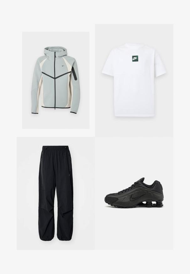Helehall ja valge tõmblukuga kapuutsiga jakk musta Nike logoga, musta tõmblukuga ja tõmblukuga taskuga vasakul varrukal.; Valge lühikeste varrukatega Nike T-särk, millel on väike roheline ruutlogo, kus on Nike swoosh ja tekst, mis asub rinnal keskel.; Mustad mustad cargo püksid elastse vöökoha, külgzippide ja avarate taskutega. Omab laia lõiget ja kitsenevaid sääreotsasid.; Mustad mustat jooksujalad, millel on sile sünteetiline ülemus, perforatsioonid, tekstureeritud külgpaneelid ja eristuv elastne tall.