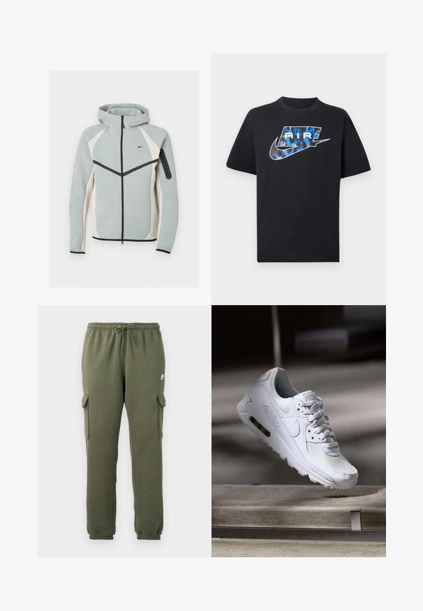 Lysegrå og hvid lynlåstrøje med hætte med sort Nike-logo, sort lynlås og lynlåslomme på venstre ærme.; Sort t-shirt med korte ærmer med blå og hvide stiliserede "AIR"-bogstaver og Nike swoosh-logo på brystet.; Oliven grønne cargo bukser med elastisk talje, snorelukning, sidelommer og brandet logo på låret. Glat bomuldsblanding.; Hvide Nike Air Max 90 sneakers med en overdel i mesh og læder, perforeret tåboks og en synlig luftenhed i hælen.