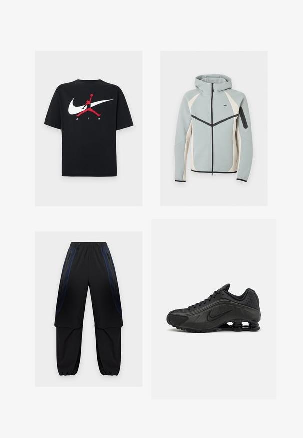 Veste à capuche zippée gris clair et blanc avec logo Nike noir, fermeture éclair noire et poche zippée sur la manche gauche.; T-shirt en coton noir à col rond, avec un grand logo Nike swoosh blanc et un logo Jumpman rouge accompagné du texte "AIR" en blanc.; Pantalon cargo noir et bleu foncé avec taille et poignets élastiques, doté de poches latérales zippées et de panneaux en tissu superposés sur les cuisses.; Baskets de course noires avec une tige en synthétique lisse, des accents perforés, des panneaux latéraux texturés et une semelle distincte et rebondissante.