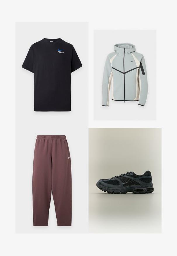Lysegrå og hvid lynlåstrøje med hætte med sort Nike-logo, sort lynlås og lynlåslomme på venstre ærme.; Sort kortærmet T-shirt med lille blå Nike swoosh og hvid tekst "ATHLETIC DEPT JUST DO IT." på øverste venstre bryst.; Løse mørkelilla sweatpants med elastisk talje og lille hvid Nike swoosh-logo på øverste lår.; Sort og mørkegrå atletiksko med mesh og syntetisk overdel, tyk polstret sål og snørelukning, vist fra siden på neutral baggrund.