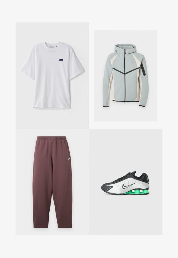 Svetlosivá a biela mikina na zips s kapucňou s čiernym logom Nike, čiernym zipsom a vreckom na zips na ľavom rukáve.; Biely bavlnený tričko s okrúhlym výstrihom, krátkymi rukávmi a námornícky modrým obdĺžnikovým logom na ľavej strane hrudníka.; Voľné tmavo purpurové teplákové nohavice s elastickým pásom a malým bielym logom Nike Swoosh na hornej stehne.; Čierno-biela športová obuv s zelenými akcentmi, s elegantným dizajnom, štruktúrovaným zvrškom a charakteristickou segmentovanou podrážkou.