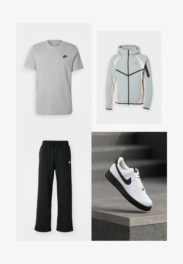 Chaqueta con capucha y cremallera en gris claro y blanco, con logo negro de Nike, cremallera negra y bolsillo con cremallera en la manga izquierda.; Camiseta de manga corta gris de algodón, con un logo negro de Nike en el pecho y un cuello redondo. Diseño minimalista sin patrones.; Pantalones deportivos negros de tela suave, con una cinturilla elástica y un cordón ajustable, además de un pequeño logo en el lado.; Zapatilla deportiva de cuero blanco con detalles en negro, punta redondeada y detalles perforados. Suela de goma negra con patrón texturizado y cierre de cordones.