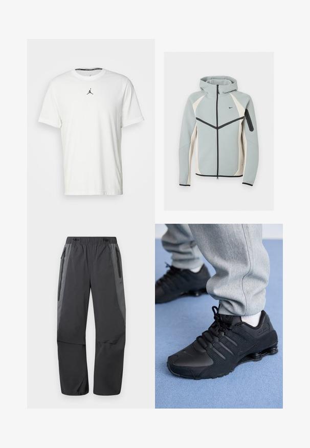 Lichtgrijze en witte capuchontrui met ritssluiting met zwart Nike-logo, zwarte rits en een met ritssluiting afsluitbaar zakje op de linkermouw.; Witte T-shirt met korte mouwen van katoen, met een zwart Jumpman-logo op de borst en een ronde halslijn met een zwarte binnenlabel.; Donkergrijze en zwarte wandelbroeken met elastische tailleband en met rits afsluitbare zijzakken, ontworpen voor buitensporten.; Persoon in zwarte Nike Shox sneakers en een grijze joggingbroek staand op een lichtblauw tapijt.