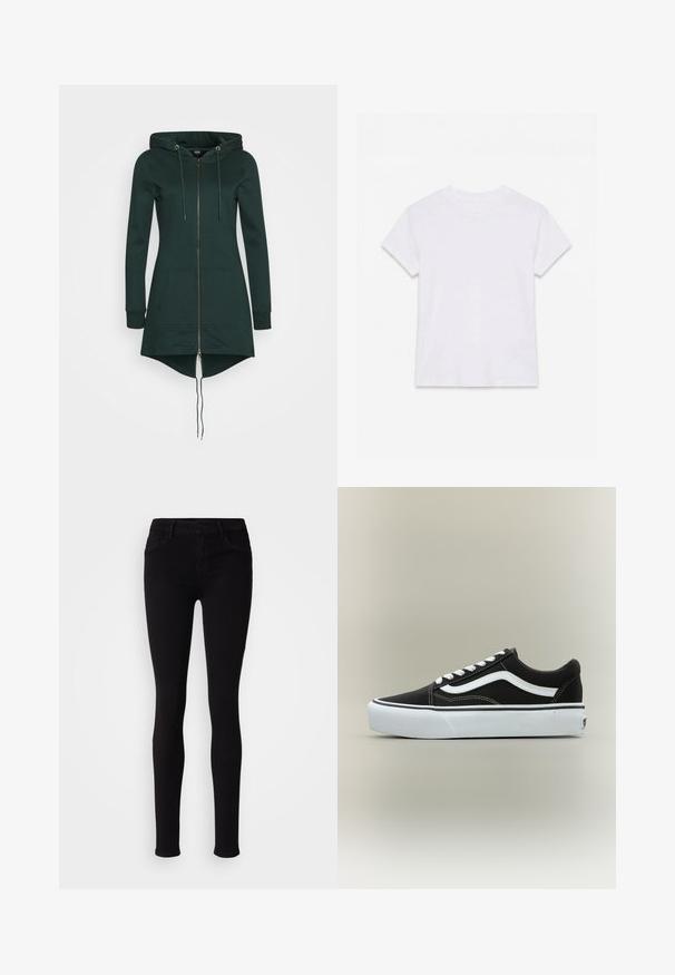 Veste à capuche vert foncé avec une fermeture éclair à l'avant, des cordons de serrage ajustables, des manches longues et une poche kangourou. L'ourlet est plus long à l'arrière.; T-shirt en coton blanc uni à manches courtes et col rond, étalé à plat sur un fond blanc.; Pantalons slim fit noirs avec fermeture à bouton, passants de ceinture et poches avant, présentés sur un fond clair et uni.; Baskets basses noires avec bande blanche latérale, lacets blancs, semelle en caoutchouc blanche et bout texturé sur fond neutre.