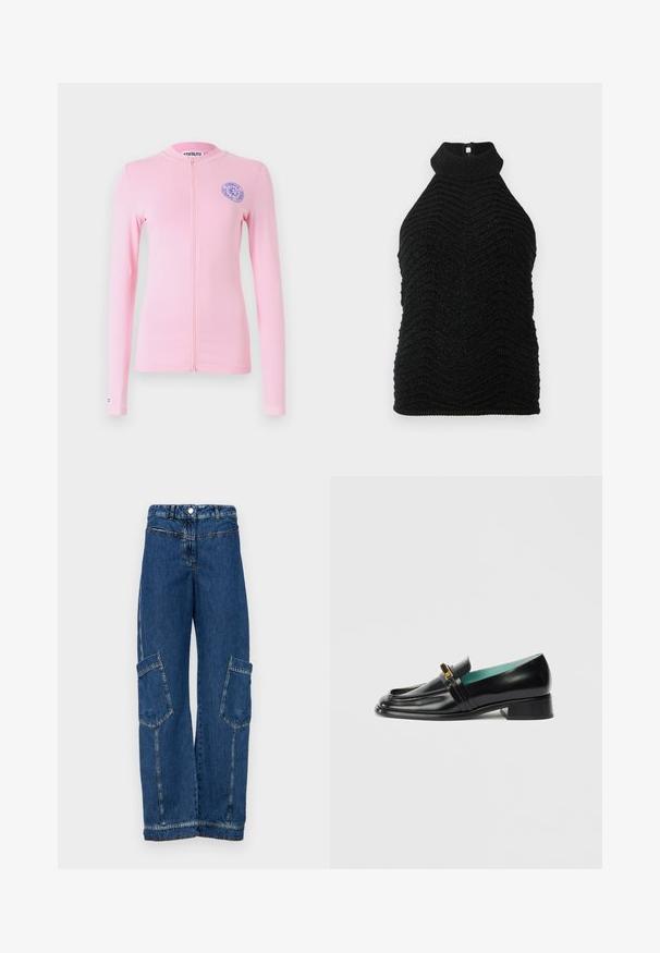 Lyserød langærmet zip-top med rund hals og broderet blåt logo på venstre bryst. Glat stof og tætsiddende design.; Sort strikket ærmeløst tætsiddende bluse med chevron-struktur og diskret glans, lagt fladt på en hvid baggrund.; Blå denim cargo bukser med høj talje, brede ben, to store sidelommer samt traditionelle nitter og syninger.; Sort læderloafer med lav hæl, der har et syet design, guldhardware-detalje og en turkis inderside.