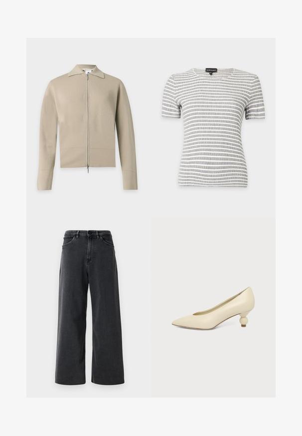 Cardigan en maille beige à manches longues avec col et fermeture éclair intégrale à l’avant.; Chemise à manches courtes rayée horizontale grise et blanche avec un col rond et un tissu texturé sur un fond uni.; Jean en denim large noir avec bouton et fermeture éclair à l'avant, passants de ceinture et poches avant sur un fond blanc uni.; Chaussure femme couleur crème à bout pointu avec un petit talon rond en forme de boule, sur fond uni.