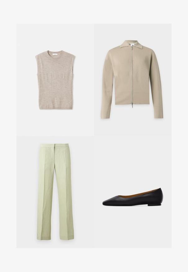 Beige langærmet strikket cardigan med krave og lynlåslukning foran i fuld længde.; Lys beige ærmeløs top lavet af blødt materiale, med rund hals, rene linjer og en let løs pasform. Minimalistisk design.; Lysegrønne bukser med lige ben, forreste folder, linning og en skjult lukning foran, vist mod en ensfarvet baggrund.; Sort læder flad sko med spids tå, lav hæl og glat finish, vist fra siden på en lysegrå baggrund.
