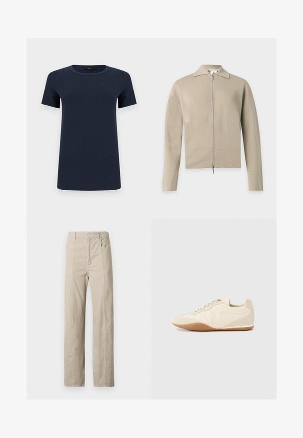 Cardigan en maille beige à manches longues avec col et fermeture éclair intégrale à l’avant.; T-shirt en coton bleu marine à manches courtes avec col rond, présenté à plat sur un fond blanc.; Pantalon en velours côtelé beige avec une coupe droite. Doté de poches avant et d'une surface texturée avec des côtes verticales.; Baskets beige clair avec une tige en cuir texturé, des panneaux latéraux texturés et une semelle en caoutchouc. Dotées d'un design fin et épuré ainsi que de lacets plats.