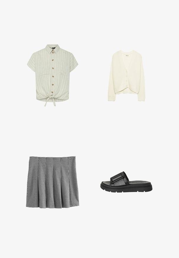 Hvid cropped cardigan, strikket tekstur, V-hals, fem knaplukning foran, ribbede detaljer på ærmerne og kanten. Blødt stof, afslappet design.; Kortærmet bluse i lys beige med lodrette striber, krave, knaplukning foran, to brystlommer og en bunddetalje med bånd. Materialet ser struktureret ud.; Sort-hvidt hundetandmønsteret plisseret nederdel med elastisk talje, lavet af tekstureret stof, der illustrerer en struktureret design.; Sorte sandaler i slidser lavet af kunstlæder, med en bred rem med en rektangulær spænde og en kraftig gummi sål med mønstrede detaljer.