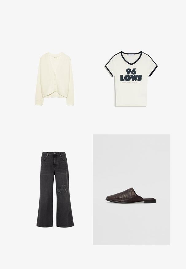 Hvid cropped cardigan, strikket tekstur, V-hals, fem knaplukning foran, ribbede detaljer på ærmerne og kanten. Blødt stof, afslappet design.; Hvid T-shirt med korte ærmer og V-hals med sort kant og "96 Lows" trykt i fede sorte bogstaver, med mindre tekst under.; Bredbenede sorte jeans lavet af denim med slidte detaljer og høj talje, der har lukning med knap og lynlås.; Sort slip-on mule lavet af tekstureret materiale med et reptilmønster, der har en lav, flad hæl og et afrundet, åbent tådesign.