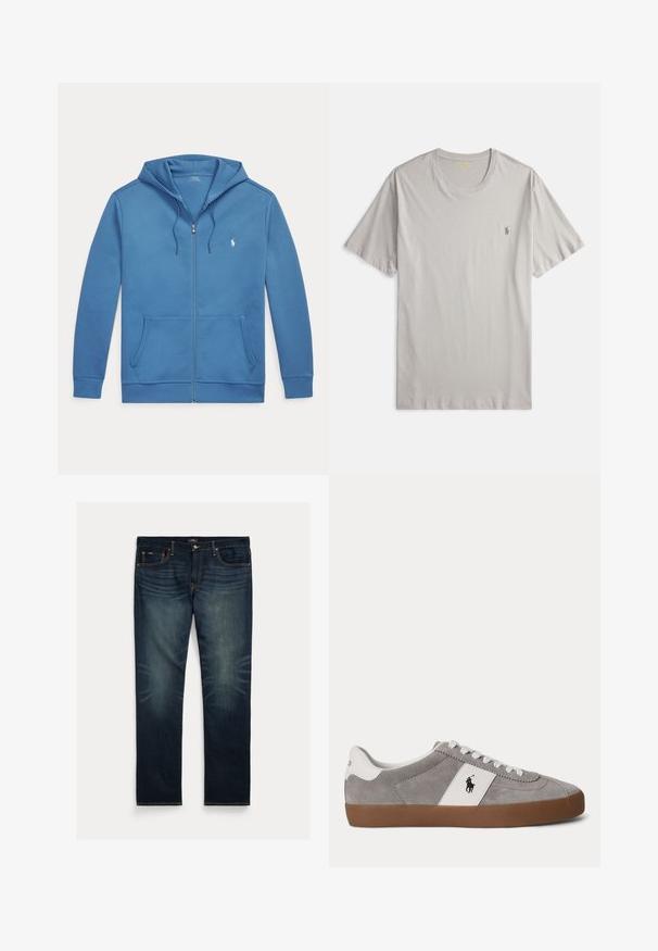 Modrá mikina na zips s prednými vreckami, kapucňou so šnúrkou a malým bielym logom Polo Ralph Lauren na ľavej strane hrude.; Sivé tričko s krátkym rukávom z mäkkej bavlny, s okrúhlym výstrihom a malým vyšitým logom na ľavej strane hrudníka.; Tmavomodré riflové džínsy s priamym strihom nohavíc, jemným vyblednutím v oblasti kolien a oranžovým prešívaním na vreckách a švoch.; Nízka sivá semišová teniska s bielymi šnúrkami, bielym pätovým a bočným panelom s čiernym logom hráča póla a hnedou gumovou podrážkou.