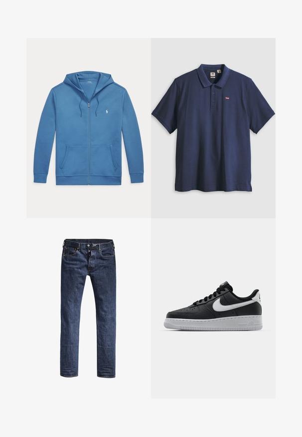 Modrá mikina na zips s prednými vreckami, kapucňou so šnúrkou a malým bielym logom Polo Ralph Lauren na ľavej strane hrude.; Tmavomodré polo tričko z bavlny, s rebrovaným golierom, zapínaním na tri gombíky a malým červeným logom na ľavej strane hrude.; Tmavomodré džínsy s úzkym strihom, piatimi vreckami a štandardným pásom. Obsahujú viditeľný steh a kovové akcenty.; Čierne kožené tenisky s textúrovaným povrchom, biely Nike swoosh, šedá podrážka, okrúle špičky a šnurovací dizajn. Obsahuje perforácie na špičke.