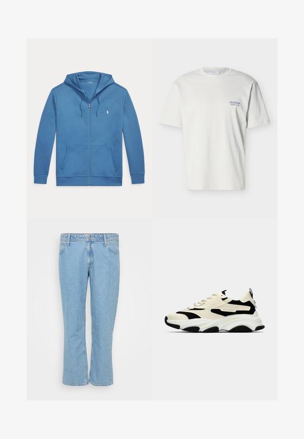 Blå hættetrøje med lynlås foran, forlommer, snøre i hætten og lille hvid Polo Ralph Lauren-logo på venstre bryst.; Hvid T-shirt med korte ærmer og rund hals med lille blåt "Lindbergh Oyster Club" tekst på venstre bryst.; Lyseblå denim jeans med lige ben-design, der har en fem-lomme stil og en knaplukning i taljen.; Chunky sneakers med en creme overdel, sorte accenter og teksturerede paneler. Har en tyk hvid sål og en sort gummisål for bedre greb.